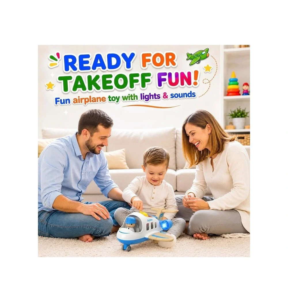 Wanborns Blue White Toy Airplane Set with Light and Sound 2 Figures Kids Play